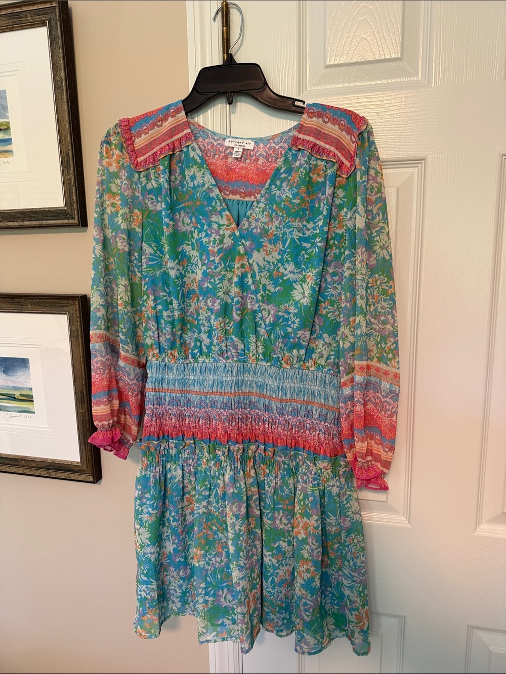Anthropologie Teal and Coral Floral Long Sleeve Smocked Waist Dress